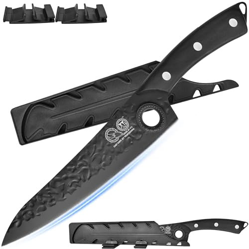 XYJ Forged Japanese Chef Knife 8 Inch,Black High Carbon Steel,Full Tang,Kitchen Knife Meat Cleaver for Meat Cutting,Ultra Sharp Blade,Finger Hole Design,Slicing Cooking Knife With Wood Handle