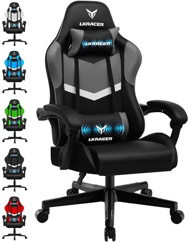 GTPLAYER Sedia da Gaming, Sedia da Ufficio, Massaggiante, Seggiolino da Gaming Ergonomico per Gamer, con Poggiatesta e Cuscino Lombare Massaggiante, Imbottita, Sedia da Gaming Girevole, Grigia