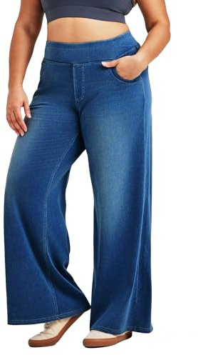 LaiEr Pantalon en Denim à Jambe Large pour Femmes, Taille Haute, Jambe Droite, Coupe Ample, Jeans décontractés très Extensibles pour Le Yoga, Le Fitness, Les Sports décontractés.Bleu Foncé,M