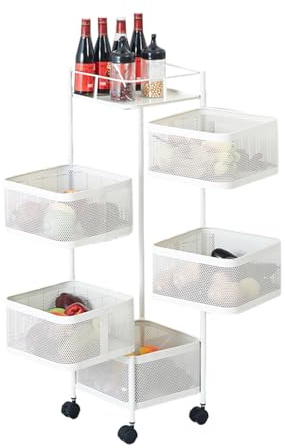 Creperture Carrito de Almacenamiento de 5 Niveles para Cocina, Estante de Verduras Giratorio de 360°, Carrito de Cocina con Ruedas, Estante de Almacenamiento de Acero al Carbono, Cesta de Frutas