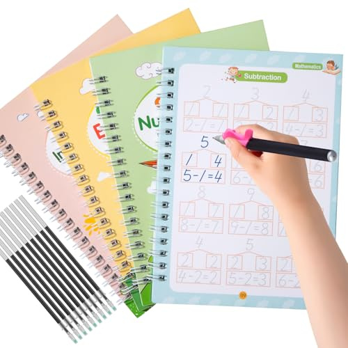 ZLLkeji Cahier Calligraphie Enfant Cahier Ecriture Maternelle Réutilisables Groove Calligraphy Apprendre Ecrire,Chiffres,Dessiner,Addition et Soustraction +3 Ans de la Maternelle Au Ce2