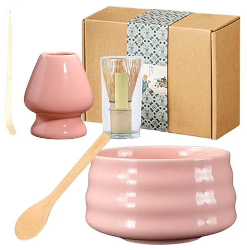 GOMETY Matcha-set, 5-delat Matchakvast, bambu tevisp, matcha-teceremoni set med visp och borst för matchpulver (rosa)