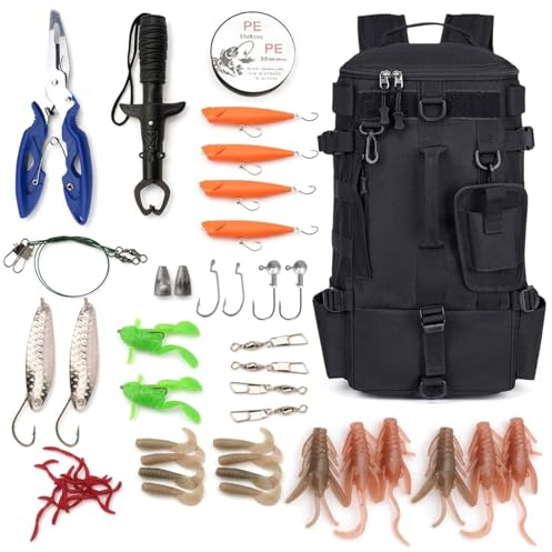 BONJUME Set De Mochila De Pesca De 60 Piezas, Bolsa De Pesca De 15 L (43 X 21 X 17 Cm) Con Sistema Molle Y Equipo De Pesca Incluye Alicates SeñUelos Sacaanzuelos Y Pinza De Labios