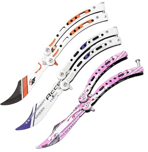 GOEDCH Juego de cuchillos de entrenamiento de mariposa de acero inoxidable de 3 piezas cuchillos de entrenamiento de mariposa con hojas desafiladas seguras, cuchillos balisong legales - mango curvo p