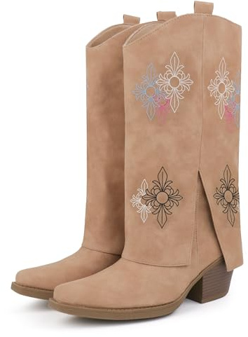 Hawkwell Bottes Cowboy Femme - Bottines Style Shark à Revers avec Broderies Western - Talon Bloc et Bout Pointu - Bottes à Mi-Mollet en Cuir Synthétique avec Fermeture Éclair