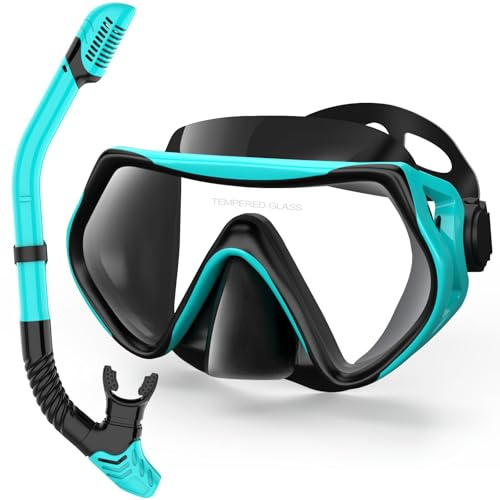 LITTLEJSY Set da snorkeling per adulti, con occhiali da snorkeling anti-appannamento e boccaglio asciutto, maschera professionale da snorkeling in vetro temperato per snorkeling (verde)