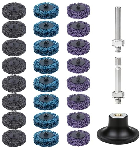 RunXinDa CSD - Juego de discos abrasivos (18 unidades, 50 mm, con 2 vástagos de recepción, discos de limpieza para taladro para eliminar el óxido, desbarbado y desbarnizar, negro, azul, morado)