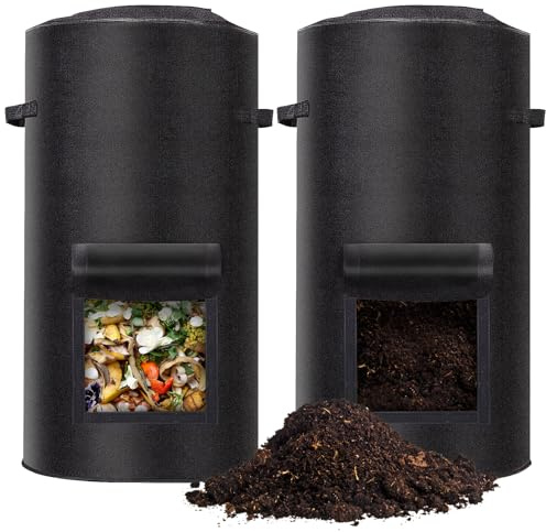 2 Pack Compost Bins Outdoor, 34 Gallon Reusable Home Compost Bucket with Observation Windows for Outside Garden, Backyard, Heavy Duty Nonwoven Fabric Yard Waste Bag