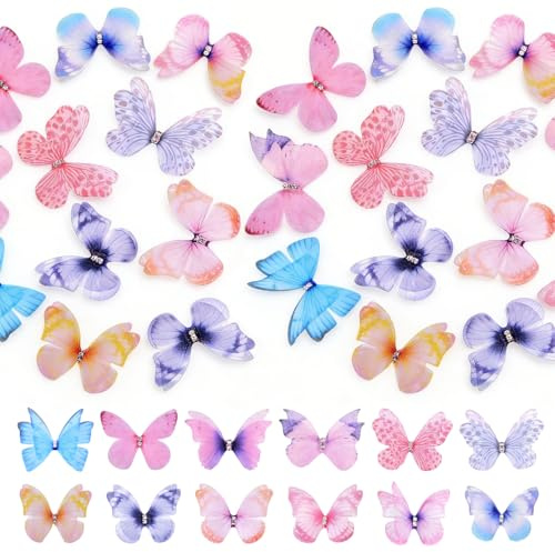 60 Stück Transluzente Schmetterlinge Deko,THETAG 3D Schmetterlinge Organza Stoff Durchscheinender Chiffon Schmetterling Deko für DIY Dekoration Scrapbooking Gepäck Wand und Fenster Haarspange Dekorati