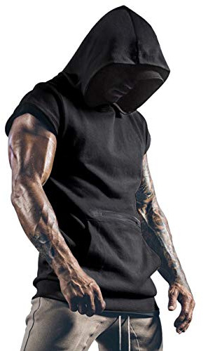 Lomon - Camisetas de gimnasio para hombre, camiseta deportiva, camiseta de tirantes fina para fitnes, sudaderas sin mangas, con capucha y bolsillos, Negro, L