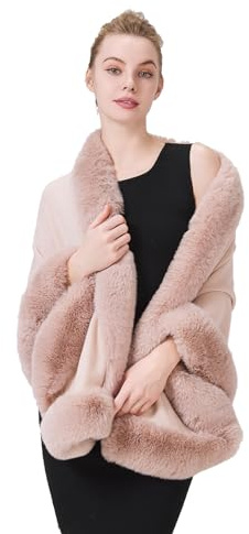 BEAUTELICATE Donna Poncho Mantella Maglia Invernale Stola Scialle in Pelliccia Sintetica Coprispalle Bolero Elegante per Sposa Matrimonio Festa,Rosa