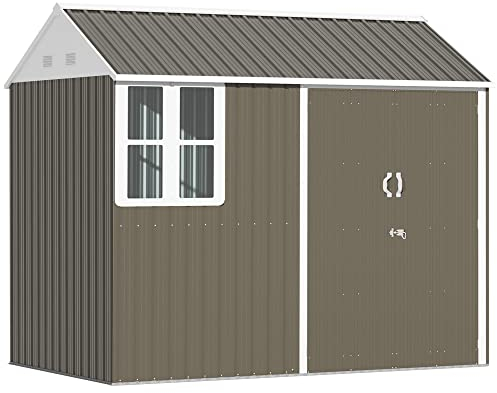 Outsunny 8 x 6 ft Garden Shed, Metal Shed with Double Doors, Window and Air Vents, Galvanised Outdoor Lockable Tool Storage House, Grey