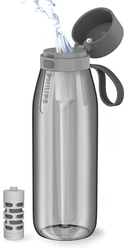 PHILIPS Filtered Water Bottle, BPA-Free Tritan Plastic Water Bottles, Replaces 450 Plastic Water Bottle with Reusable GoZero Everyday Water Filter, Portable Filtering Bottle for Travel, 36oz, Grey
