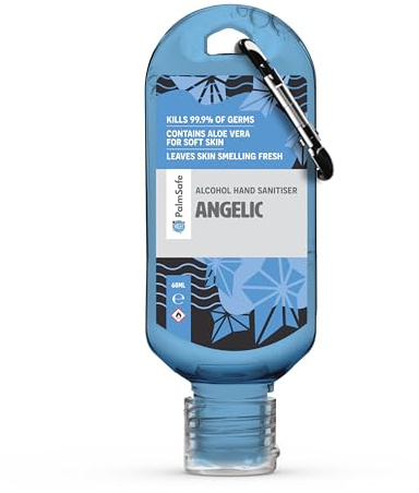 Palm Safe Angelic 60ml Anti Bacterial Premium Hand Sanitiser Travel Size Refillable Clip Bottle Quick Drying Non Sticky Extra Moisturising Kills 99.9% of Viruses and Bacteria