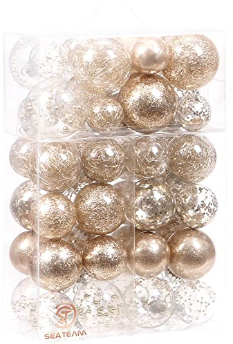 Sea Team Christbaumkugel-Set aus transparentem Kunststoff, bruchsicher, mehrere Größen, dekorative Weihnachtskugeln mit zierlichen gefüllten Ornamenten, 48 Stück, Champagner