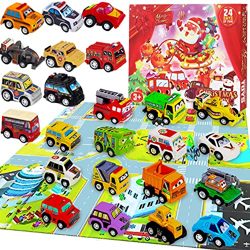 Lubibi Calendario de Adviento de autos para niños 2025,24 de coches vehículo de bomberos,avión,excavadora con mapa,24 días regalo de cuenta regresiva de Navidad Caja de regalo Juguetes para niños