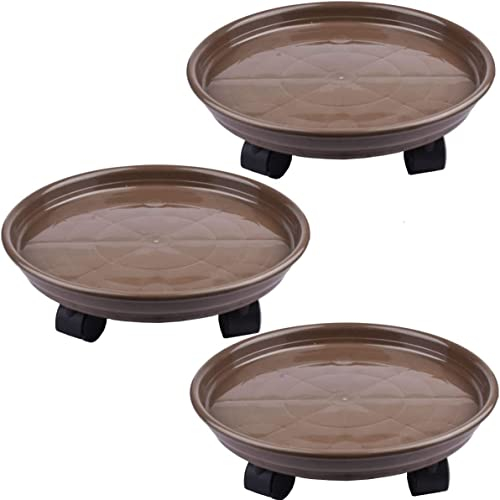 AOFOX 3 packs 30cm Plastic Pallet Caddy Plant Stand Round Flower Pot Mover, Heavy Duty Plant Pot Pallet Dolly Caster With Wheels (Brown)