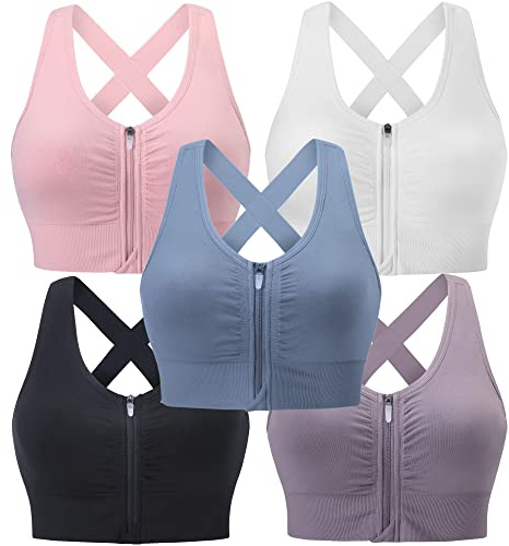 Evercute Zip Front Post-Surgery Bra Women's Wireless Sports Bras Padded Strappy Medium Support Yoga Exercise Athletic Bras