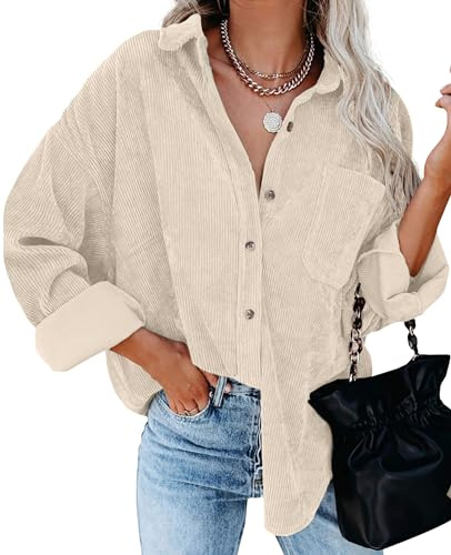 QIXING Damen Cord Hemdjacke Shacket Langarm Overshirt Knopfleiste Jacke | Spitzkragen, Brusttaschen, button down und lockerer Passform Herbst Winter
