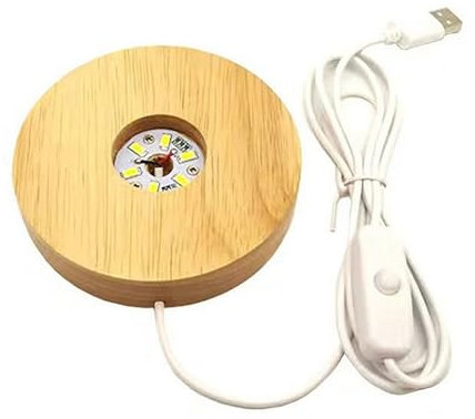 anso Espositore USB con base LED, rotondo, in legno, per lampade in resina epossidica (luce bianca, 100 mm)