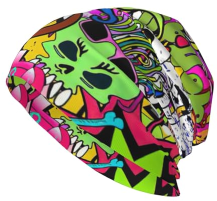 Ogniwo Unisex Beanie-Mütze – Winter-Strickmütze, dehnbar, weiche Bündchen, Beanie mit Graffiti-Zeichnungsdruck, Schwarz , Einheitsgröße