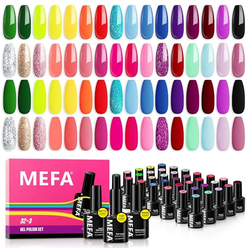 MEFA 35Pcs Neon Gel Nail Polish Set, 32 Colors Summer Gel Nail Polish Kit with Base Coat No Wipe Glossy& Matte Top Coat Bright Pink Yellow Blue Red Nail Art Manicure DIY Salon Home Gifts