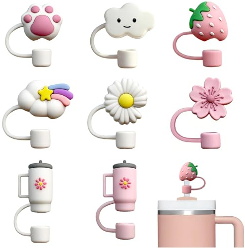 8 Accesorios para Pajita Stanley Cup, 9-10mm Pajitas Cubiertas Accesorios, Material de Silicona a Prueba de Polvo, Tapas de Pajitas de Lindo Rosa, Cubierta de Pajita para Stanley Cup 40/30 Oz