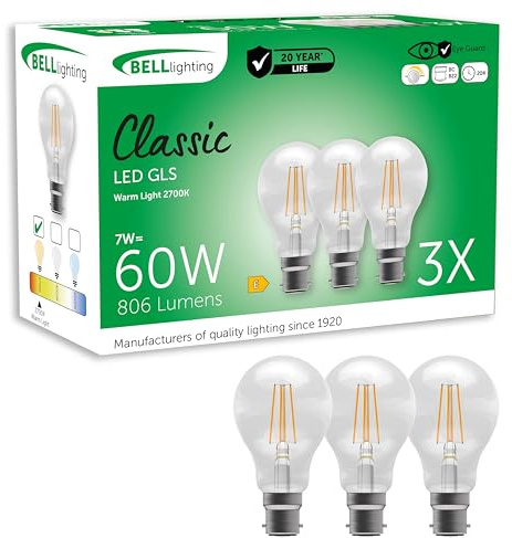 BELL Lighting B22 Bayonet Dimmable LED Filament GLS Bulbs 7W 806lm 3 Pack
