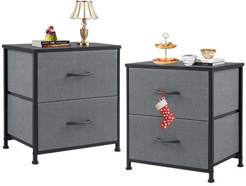 Sweetcrispy Nachttisch 2er Set, Nachttisch Beistelltisch, Stoff Schubladenschrank, Schmal Schrank, Kommode Schlafzimmer, Industrial Stil für Wohnzimmer, Kinderzimmer, Flur Aufbewahrungsschrank, Grau