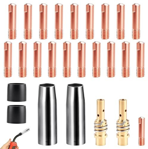 TXXATX Boquilla Soldadura MIG MAG Soldador de Hilo sin Gas Accesorios de Soldadura para MB-15AK 26 Piezas 2 x Boquillas Gas 20 x Boquillas Potencia 0,6 mm 0,8 mm 1 mm 2 x Mango Boquilla 2 x Aisladores