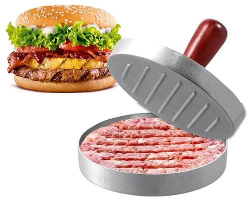 Dewocke Rotondi Pressa per Hamburger in Alluminio con Manico in Legno, Stampo Antiaderente per Hamburger, Perfetto per Pressare Patties e Uso BBQ, Inclusi 50 Fogli di Carta Antiaderente, 12cm