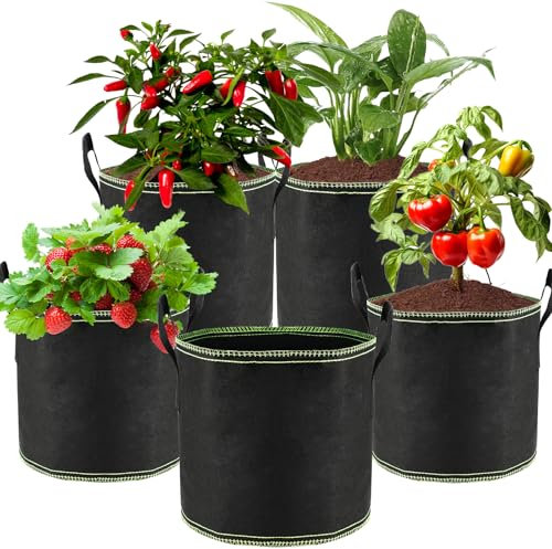 Zikenis 5 Piezas Bolsas para Plantas 12L,olsas de Tela no Tejida para Plantas,Reutilizable,Bolsas de Cultivo Plantas con Asas,para Cultivar Hortalizas,Flores, Fresas,Tomate