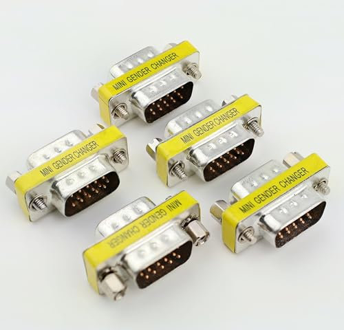 Pack of 5, VGA SVGA Gender Changer, 15-Pin Male to Male Adapter Coupler Connector, Silver/Yellow
