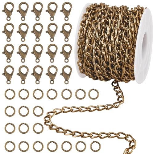 SUNNYCLUE 32.8 piede/10 m 5mm Catena A Maglie In Alluminio per Collana Kit Catena In Bronzo Antico Metlega Ferro Cavo Intrecciato Maglia Barbazzale Set con Anelli di Congiunzione In Ottone Lega Fermag
