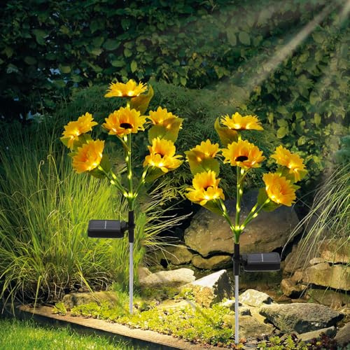 Harupink Luci solari per giardino ed esterni, 2 pezzi girasole luci solari con 72 LED, IP65, impermeabili, lampade solari per balcone e decorazione da giardino