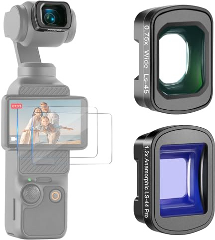 NEEWER Objektiv Set kompatibel mit DJI Osmo Pocket 3 Creator Combo Zubehör, 0,75X Weitwinkel (108° FOV) + 1,2X blaues anamorphotisches Objektive Kit für Kinoeffekte + 2 Displayschutzfolien, FL-C02