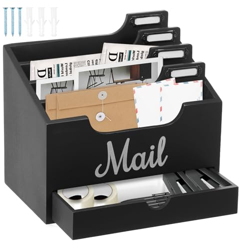 Corbeille à courrier en bois avec 4 compartiments et tiroir, 28 x 25 x 18 cm, trieur de courrier en bois, porte-documents pour chambre à coucher, maison, bureau, cuisine, maison (noir, 1 pièce)
