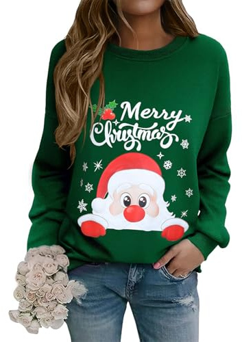Lonya Sudadera Navideña Mujer Jersey Feo Ugly Christmas con Árbol de Navidad Manga Larga Cuello Redondo Informal y Divertida Camisetas para Fiestas