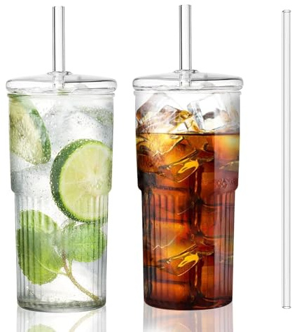 Iced Coffee Cup, 2 Pack 20Oz/600ml Clear Glasses Cups with Lids and Glass Straws Drinking Glasses for Juice, Coffee,Cocktail,Soda,Milk,Ice Water, Cold or Hot Drinks