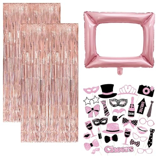 Photo Booth Props Birthday Party Props, Photobooth Inflatable Photo Booth Frame Instagram Selfie Frame, Rose Gold Tinsel Curtain Pink Inflatable Frame 30 Piece Photography Prop Set