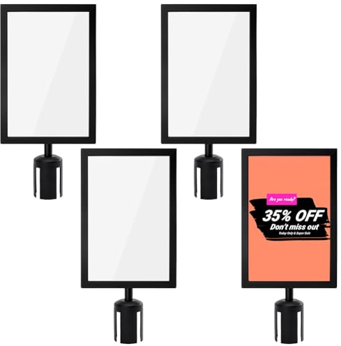 BENECREAT 4Pcs 445x220x67mm/17.5x8.7x2.6inch Stanchion Sign Holder Frame, Portrait Double Sided Sign Frame with Cover for Crowd Control Queue Barrier Sentry Stanchions, Black Iron