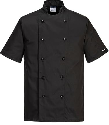 Portwest C734 Short Sleeve Chef Jacket Chefswear Texpel Stain Resistant Kingsmill Polycotton Unisex Chef Whites for Kitchen and Catering Food Service Workwear, Black, S