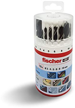 fischer - Kit de Brocas Profesionales para Taladro, 18 Piezas Versátiles para Pared, Madera, Metal, Juego Surtido con Diámetros de 3 a 10 mm, Durables, para Bricolaje y Profesionales