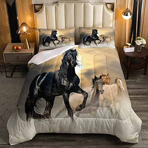 Trapunta per cavallo nero singolo in 3D stampato in piuma, per adulti donne e ragazzi modello animale selvatico trapuntato chic unico cavallo western cowboy fattoria tema morbido traspirante inserto