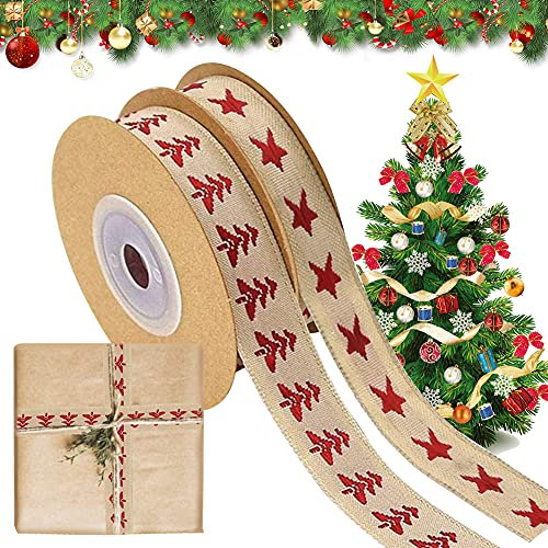 Geschenkband Weihnachten, 2 Rollen Xmas Satinband Schleifenband Ripsband Satinbänder Baumwollband, Weihnachtsband Stoffband Geschenkbänder Dekoband für Geschenkverpackung Basteln Weihnachtsbaumdekor