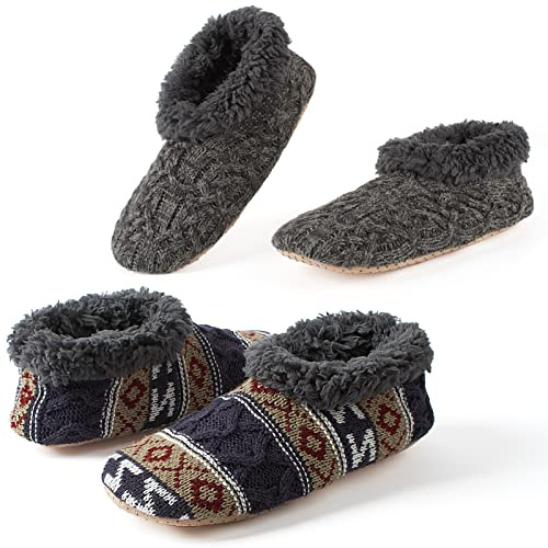 Cozylook 2-Pack Men's Slippers with Soft Non Slip Soles, Warm Fuzzy Slipper Socks, Size 8-9