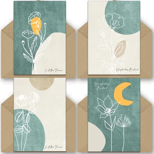 Pusteblume Grusskarten - 12 Trauerkarten mit Umschlag - Innenseite unbeschriftet - Abstrakt Blumen - Blau - Beileid