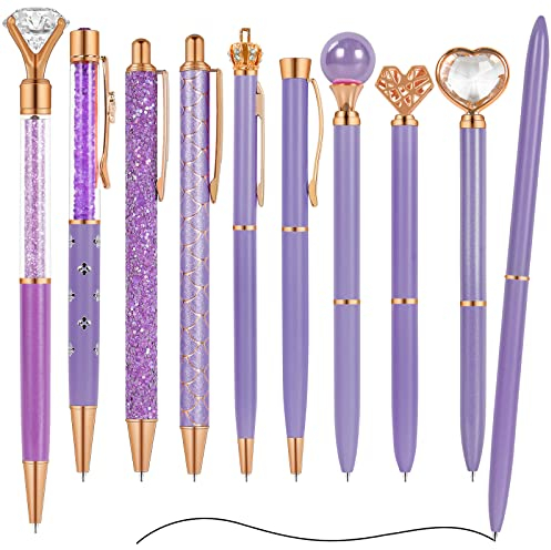 AUAUY 10pz Penne a Sfera con Glitter in Metallo, Penne a Sfera Retrattili a Scatto, Penna a Sfera Stilo Inchiostro Nero, Comode Penne da Scrittura in Metallo, per Donne, Scuola, Ufficio, Casa（Viola）