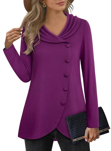 VALOLIA Womens Long Sleeve Tops Fall Winter Buttons Side Tulip Hem Lapel Pullover Sweatshirt, Violet Rosebud, Large