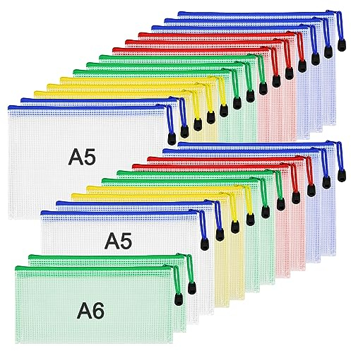 26 Stück Dokumententasche A5+A6 Datei Taschen mit Reißverschluss, Wasserdichte Dokumententasche, Mesh Beutel mit Reißverschluss für Datei, Papier, Kosmetika-mit Haftnotizen